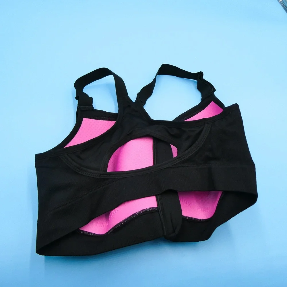 Victoria's Secret PINK Sports Bra Womens Medium DD Zip‎ Front Black Nylon Blend